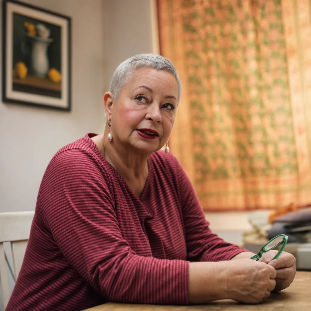 Sigrid H.-Artes sitzt am Arbeitstisch und hält eine grüne Brille in beiden Händen.