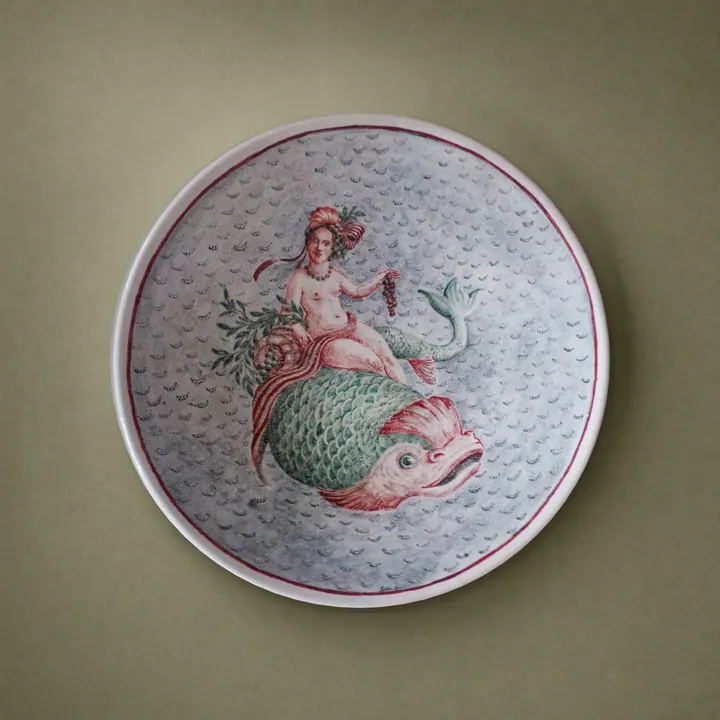 Eine sitzende Frauenfigur sitzt auf einem großen, grün geschuppten Fisch. Rote Flossen, schwarze Punkte und feine Sprenkel füllen das fast randlose Rundbild.